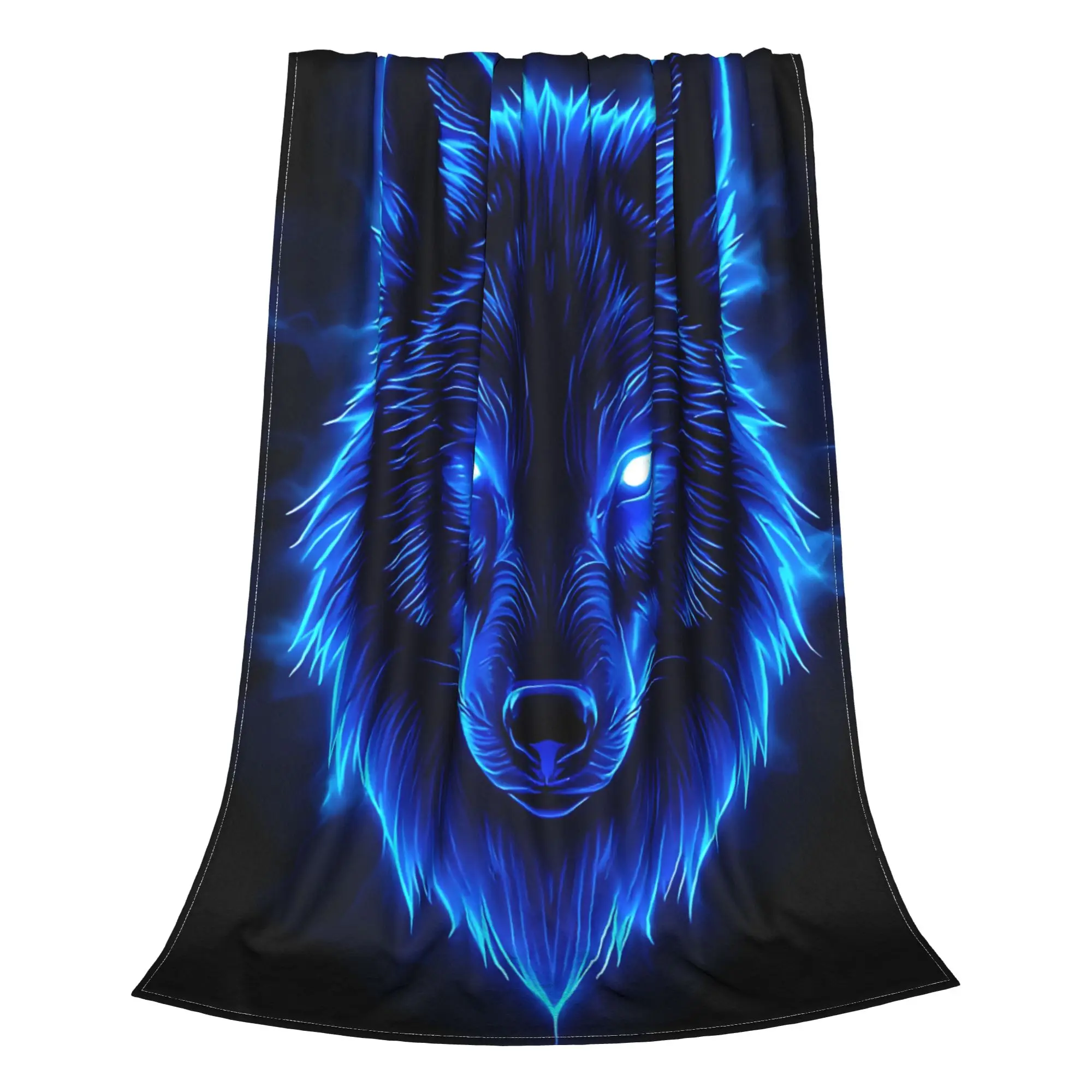 1PC Electric Blue Neon Wolf Dark Aesthetic  home room decorations Winter Blankets for Adults Bedding Home Interior Sofa Knee