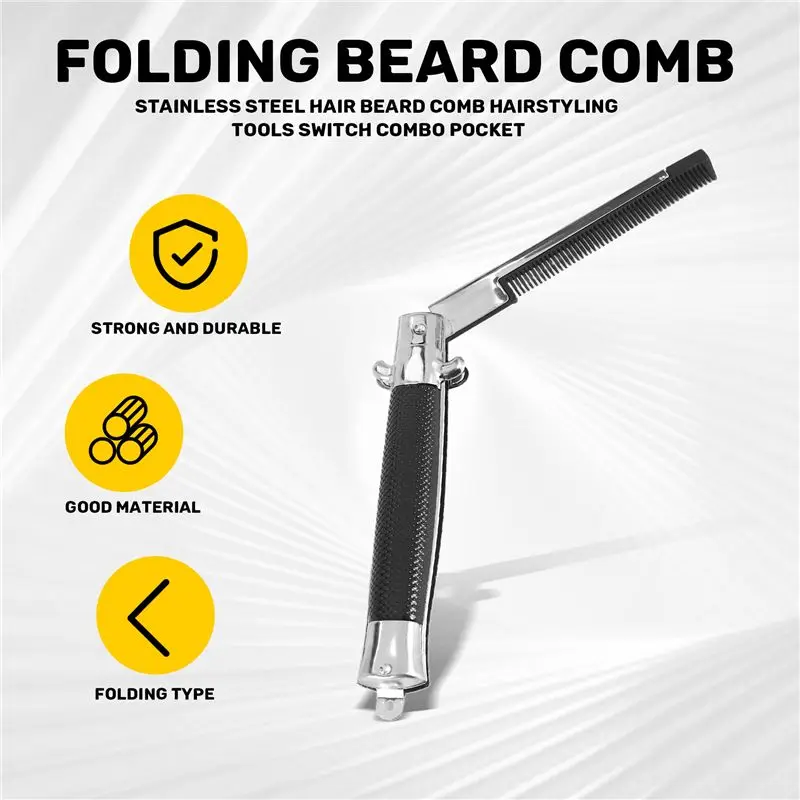YLS-Stainless Steel Hair Folding Beard Comb Hairstyling Tools Switch Combo Pocket Long Round Handle Hair Comb