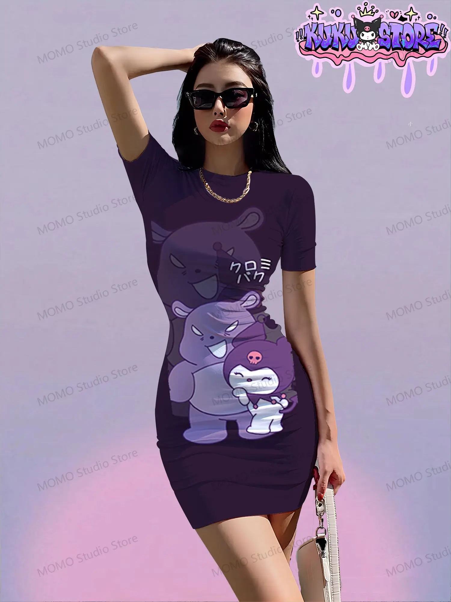 Robe d'été à manches courtes pour femmes, Kuromi Kawaii, Sanrio, robes pour jeunes filles, col rond, Y2k, mode, nouvelle collection élégante et Sexy, S-3XL, 2024