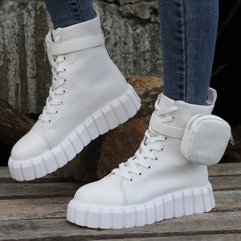 High-top Pocket Boots Women Winter Shoes New White Female Canvas Shoes Autumn Platform Martern Boots Casual Plush Ankle Booties