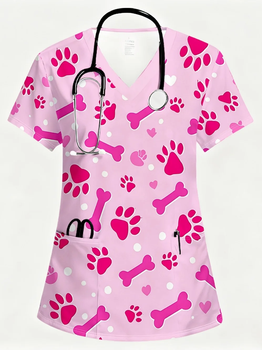 Women's Surgical Scrubs Cute Cartoon Paw Print Short Sleeve V-Neck T-Shirt Fashion Dentist Healthcare Women's Medical Uniform