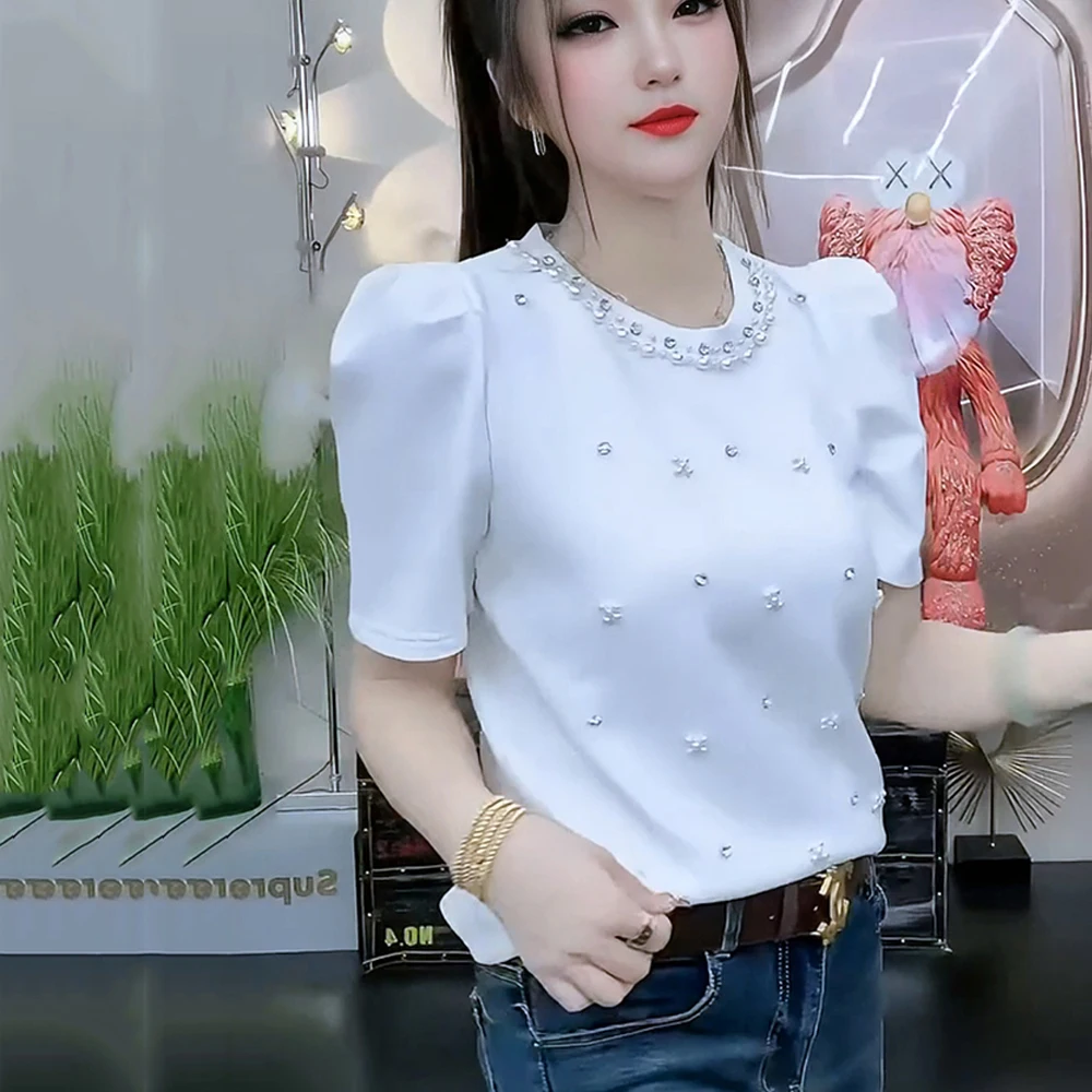 Korean Style Pearls Black Tees 2024 Summer Fashion Bubble Sleeve Cotton T-shirt Women Beading Diamonds O-Neck White Slim Tops