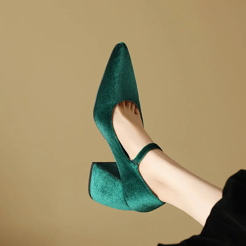 Elegant Velvet Velour Green Black Ladies Office Pumps Retro Dress Pumps Pointed Toe Chunky High Heels Mary Janes Womem Shoes