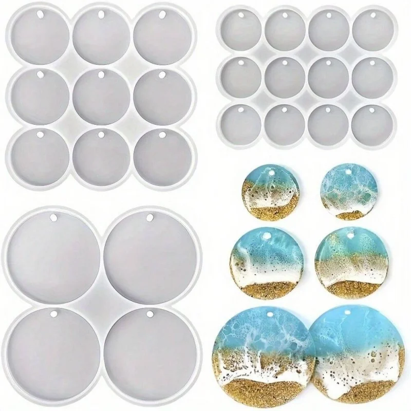 

3pcs 25 Cavity Large Mediu Small Shiny Flat Circle Silicone Drilled Round Earrings Pendant Mold, Keychain Resin Pet Tag Mold