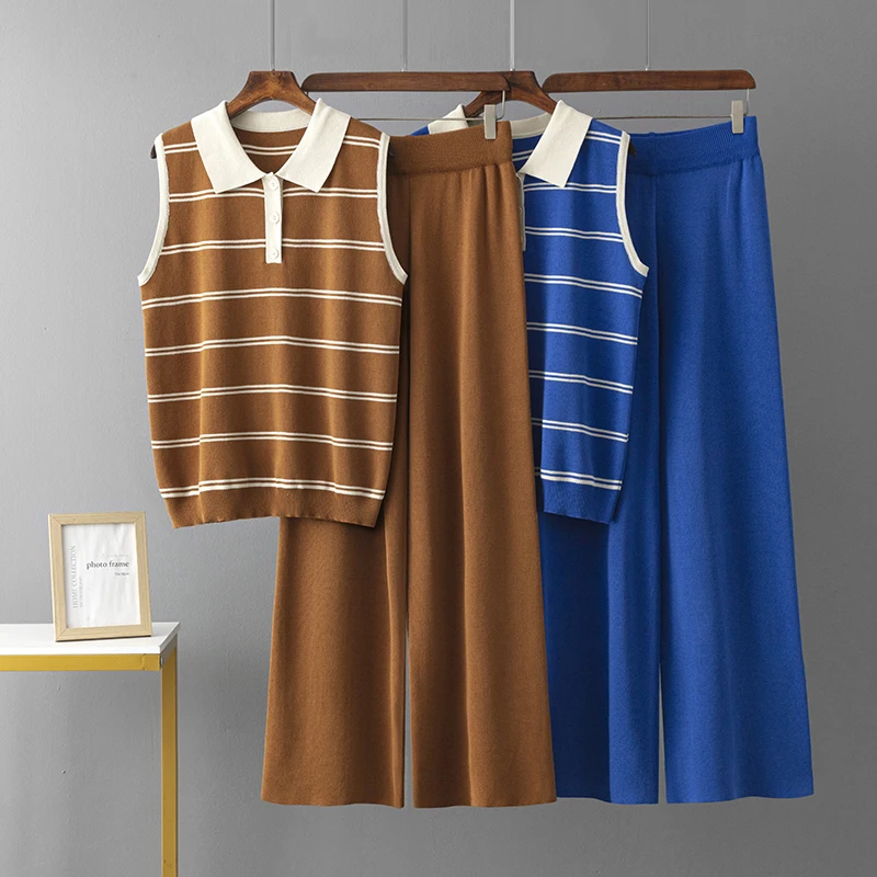 HLBCBG Spring Summer Sleeveless Striped Knitted Vest Tops Loose Wide Leg Pant Women Casual Two-piece Set for Suit Knit TracksuiT