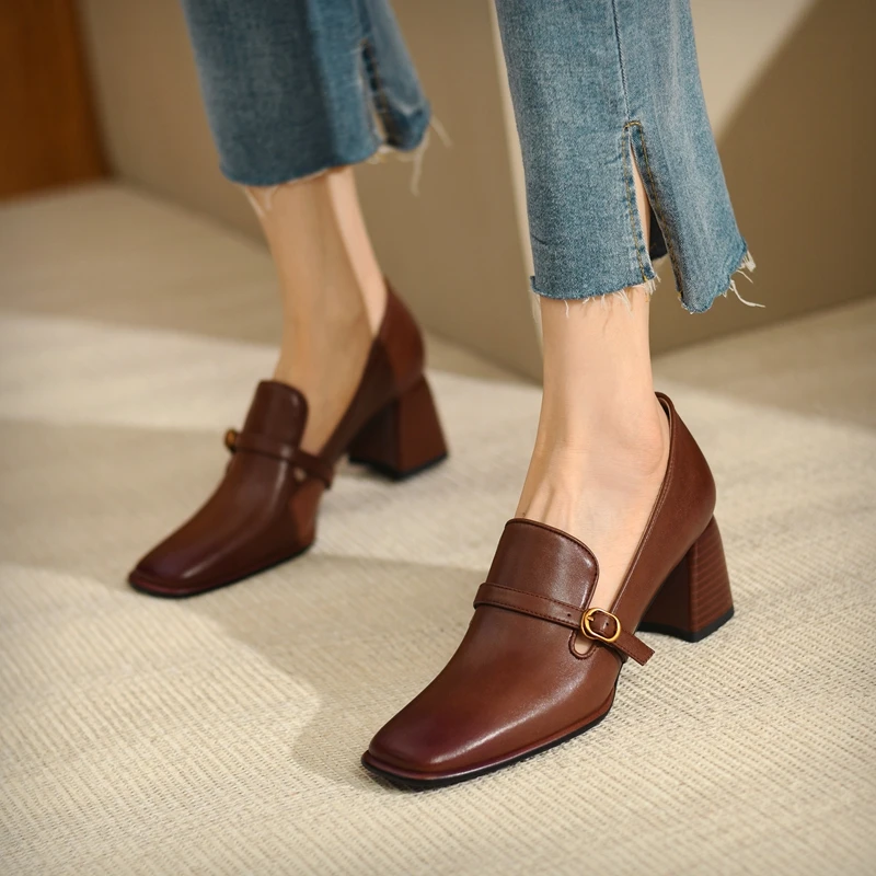 2022 New Genuine Leather Women\'s Shoes LEISURE Shallow Pumps Spring/Autumn Square Toe Chunky Heel Shoes Woman Zapatos De Mujer