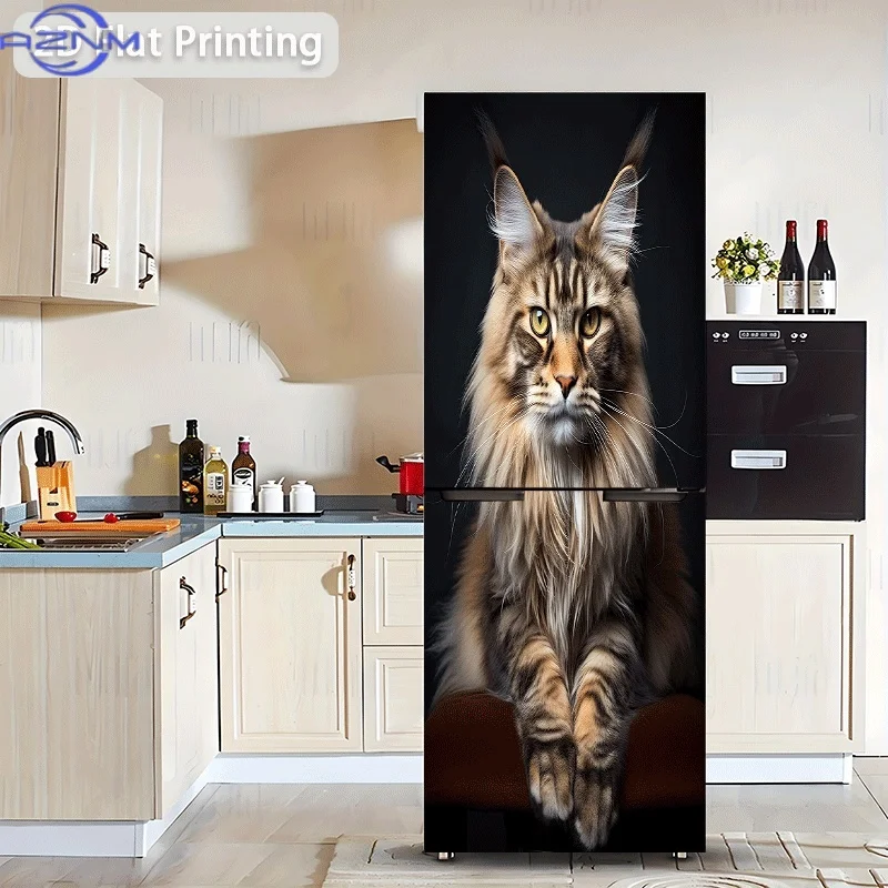 Refrigerator Sticker 60x180cm Close-up of a Maine Coon Cat Themed Scene Wall Decal Self-Adhesive Wallpaper Suitable for Cabine