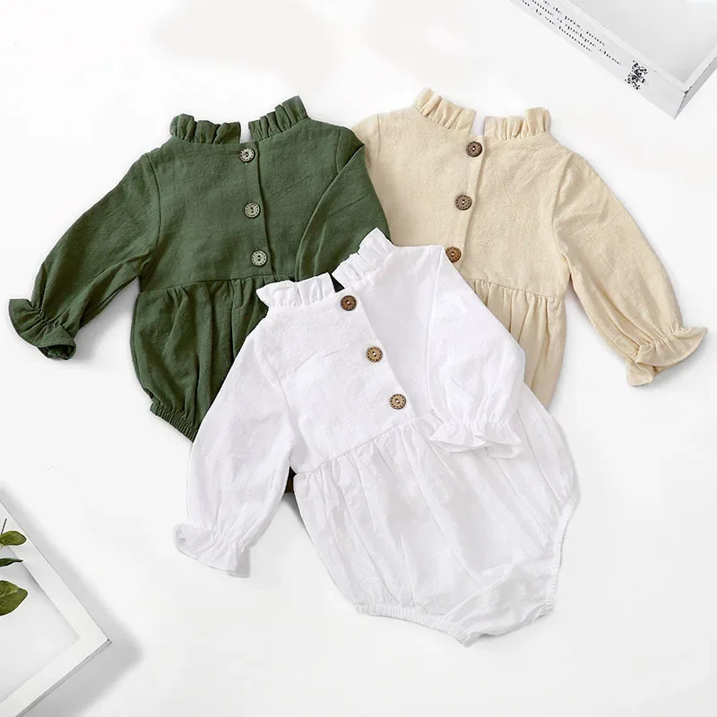 Bodysuits & One-Pieces New Long-sleeved Cotton Linen Newborn Romper Solid Color Flying Sleeves Lace Neckline Onesie image 4