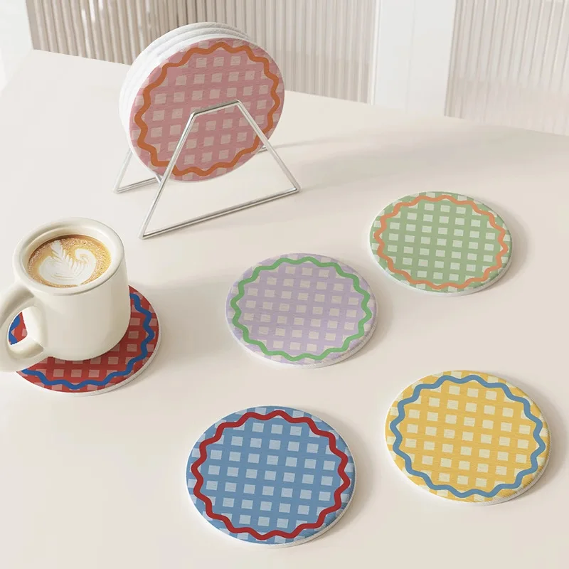 Han Feng Round Plaid Hard Diatom Mud Coffee Tea Coaster Heat Insulation Mat Office Non-Slip Absorbent Mat individual placemats
