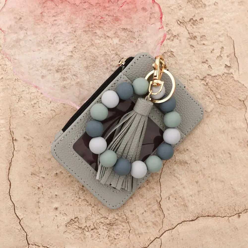 Bohemian Style Card Holder Bracelet Keychain Floral Design Beaded Detail Beaded Tassel Keychain Faux Leather Tassel