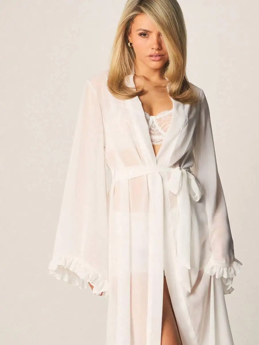 

Long Sheer Robe With Ruffle Trim Open Front Beach Cover Up Kimono Style Maxi Length