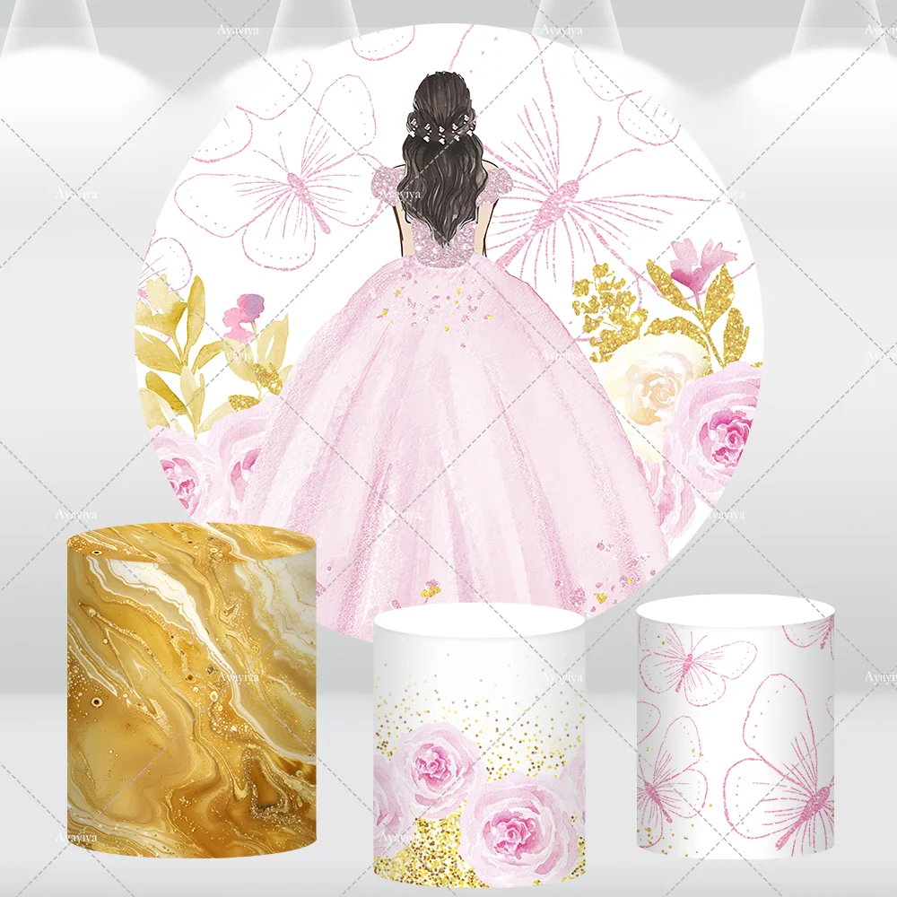 

Custom Pink Quinceanera Dress Sweet Princess 15th Birthday Party Covers Circle Background Decor Round Backdrop Photo Studio