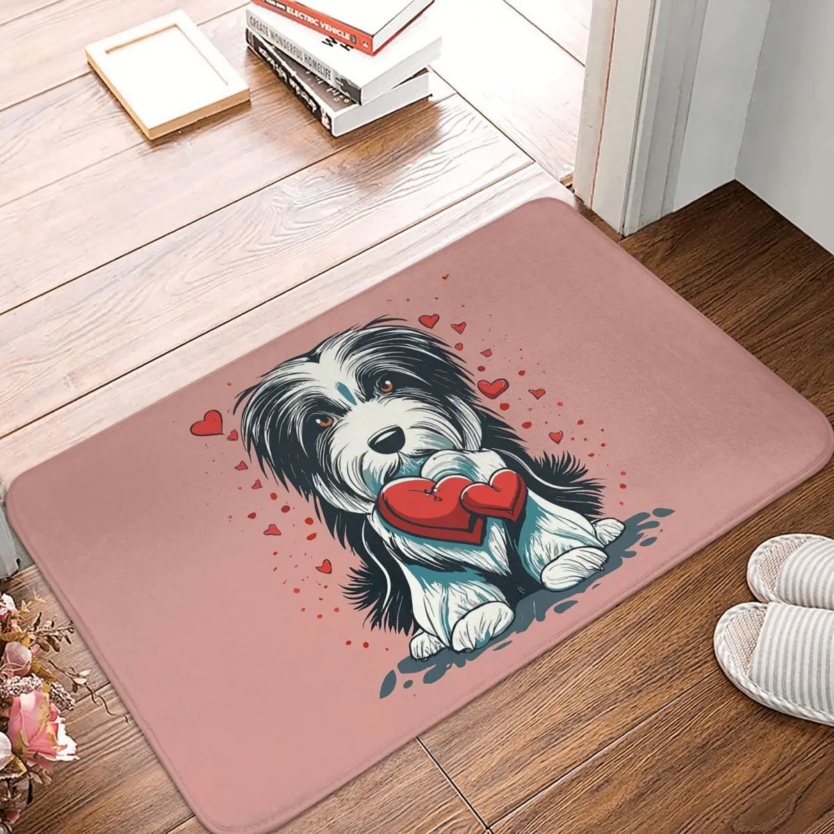 Bearded Collie Dog Love On Valentine's Day Anti-slip Doormat Floor Mat Carpet Rug for Kitchen Entrance Home Bedroom Footpad Mats