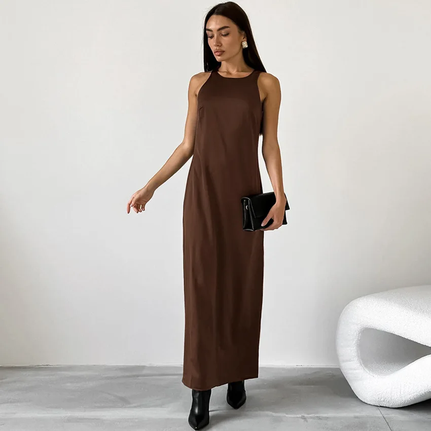 

Sexy Luxury Summer Satin Maxi Dress Solid Casual Sleeveless Long Dress 2024 Women Fashion Streetwear Dating Party School Chic