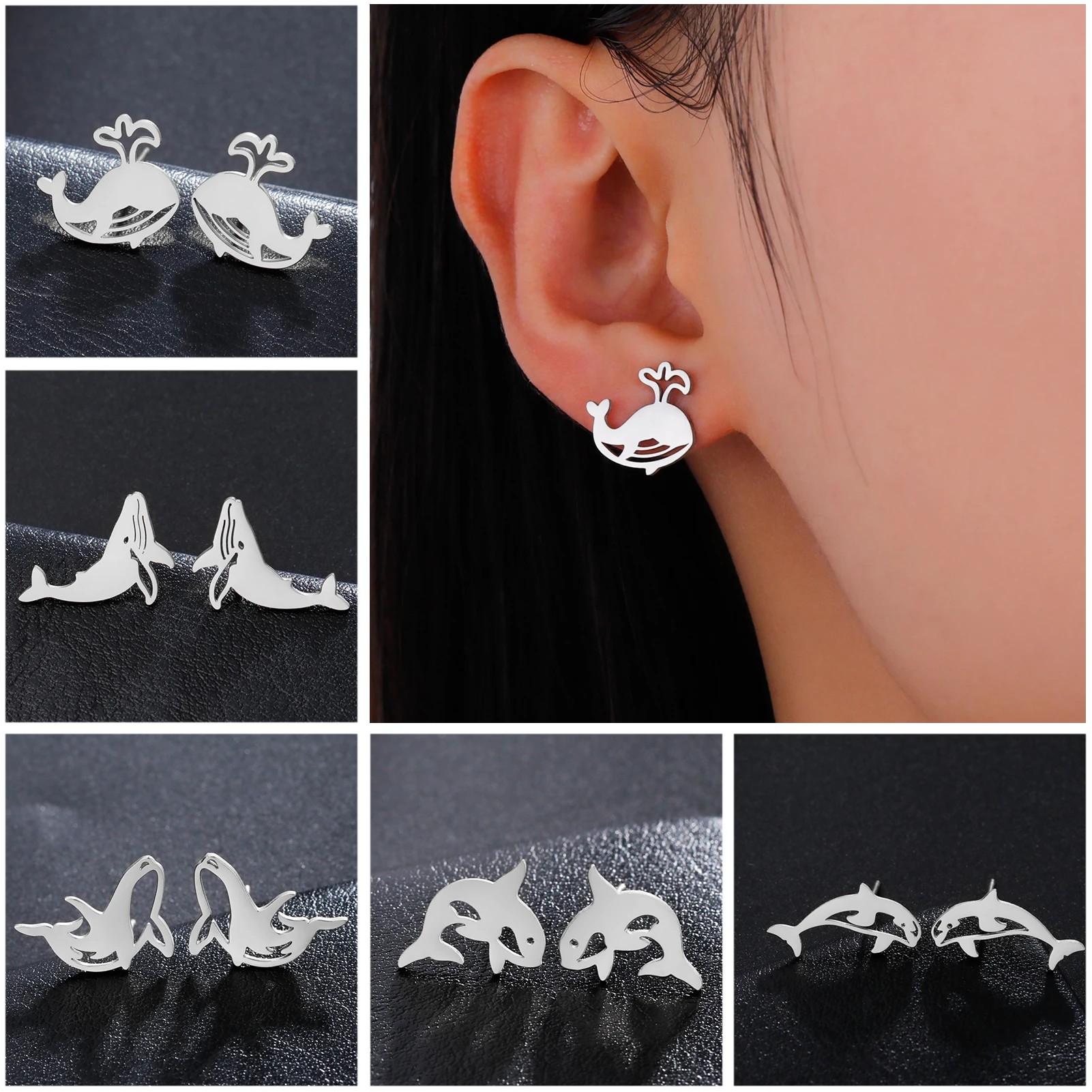 Unift Pendientes de acero inoxidable con forma de tiburón y ballena para mujer, Mini Piercing de oreja, moda coreana, regalo de joyería