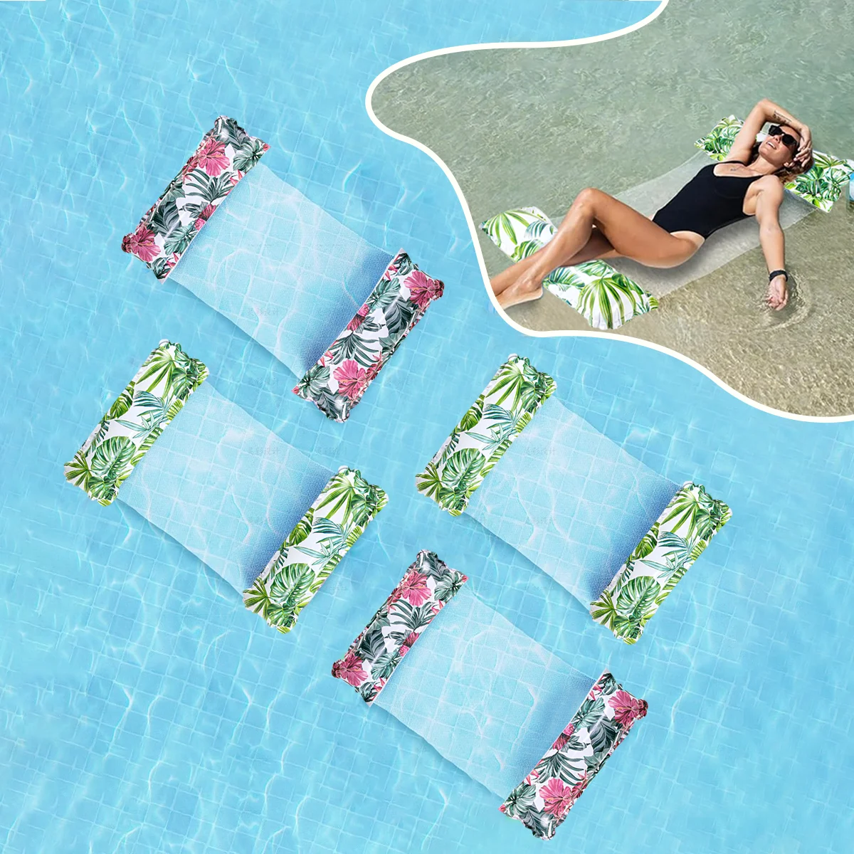 インフレータブルフローティングラフト新しいプールハンモック折りたたみ式新緑の葉ウォータークリップネットラウンジチェアインフレータブルフローティングベッド水泳