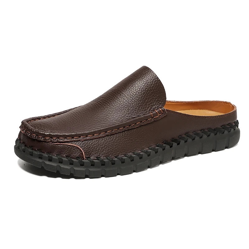 Men Slippers Genuine Leather Loafers Moccasins Outdoor Non-slip Black Casual Slides Summer Spring Fashion Shoes Plus Size 38