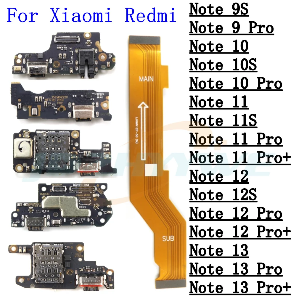 USB Charging Port SIM Card Reader Connector Board For Xiaomi Redmi Note 9S 9 10 10s 11 11s 12 12S 13 Pro+ 5G 4G Main Flex Cable