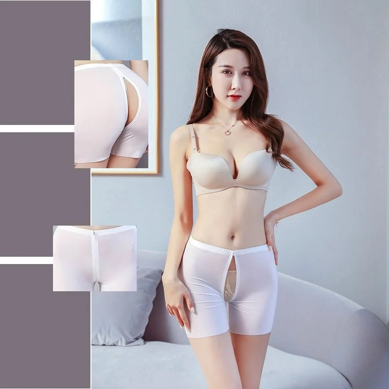 섹시한 보이지 않는 지퍼 오픈 가랑이 쉬어 속옷, 시스루 여성, 광택 탄성 브리프 반바지