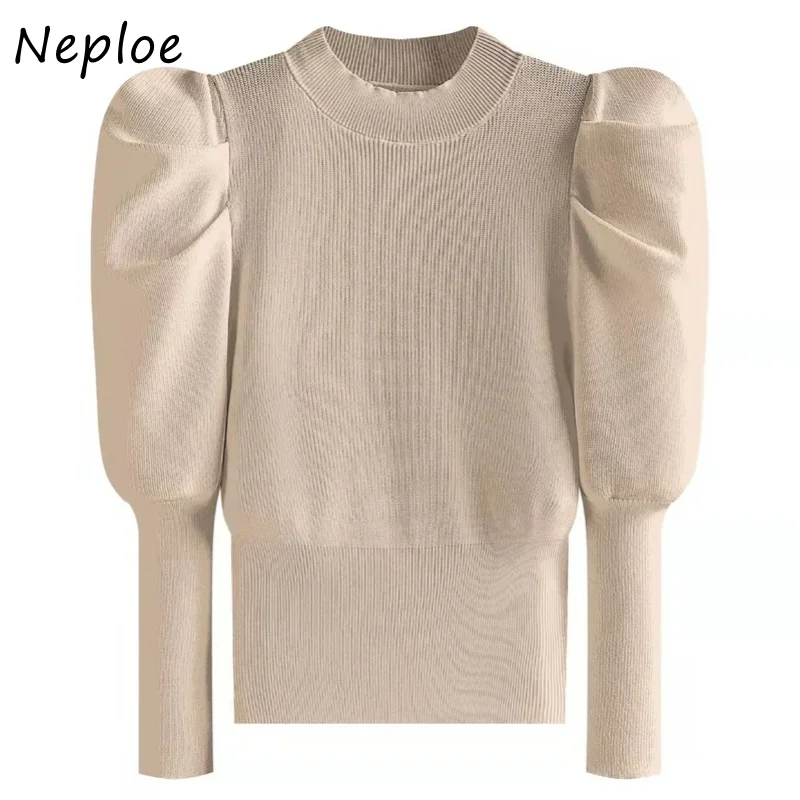 Neploe Slim High Waist Puff Sleeve Sweater Women Solid Color Knitting Pullover Shirt Woman Half-high Collar Bottoming Sweaters