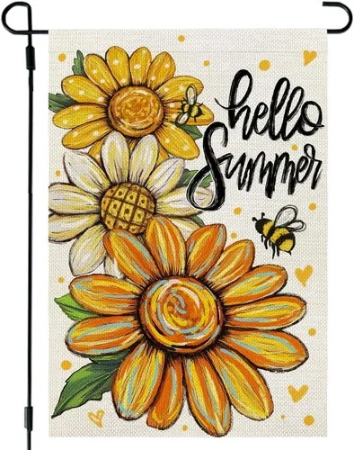 Hello Summer Garden Flag, Sunflower Bumble Bee Floral Outdoor Yard Decor YYZ