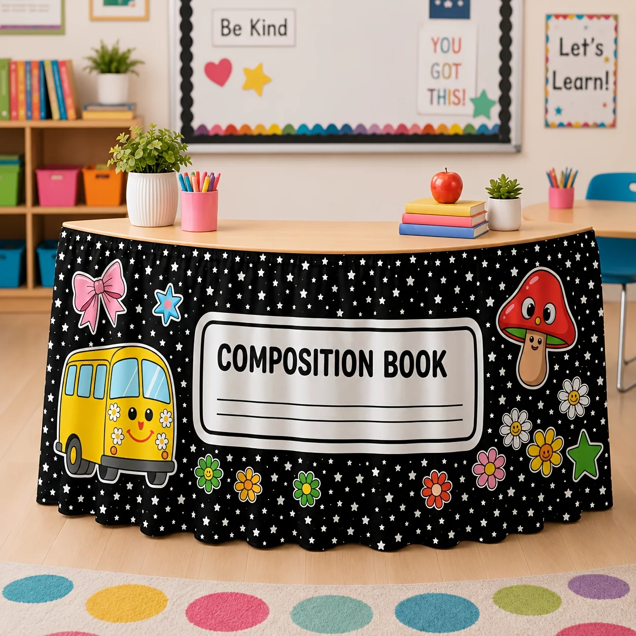 Send a tablecloth. 1 piece of a cute yellow school bus mushroom flower star bowknot design tablecloth pattern printed on it.zyc