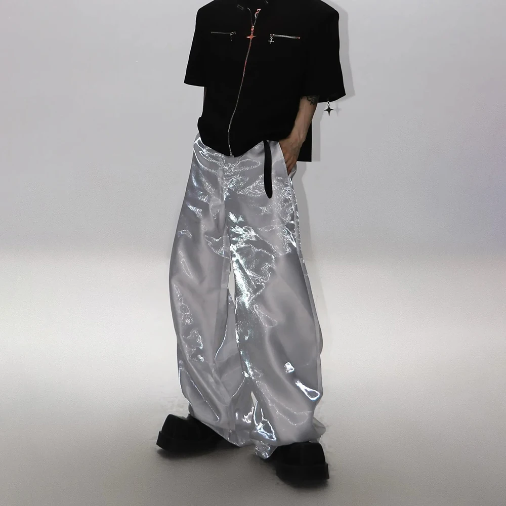 

Mens Autumn Pants Liquid Metal Glossy Casual Pants Streetwear Fashion Nightclub Stage Performance Straight Leg Pants Men'S Wear