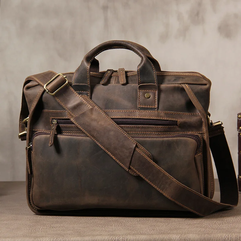 

Vintage Genuine Leather Briefcase For Male Handmade Leather Handbags 14 Inch Computer 2023 Popular Designer Crossbody Bag