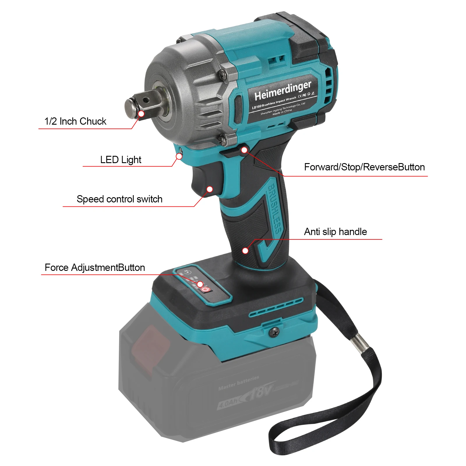 Heimerdinger 18V 550NM 1/2 brushless cordless impact wrench compatible with makita battery for car, truck repair, No battery