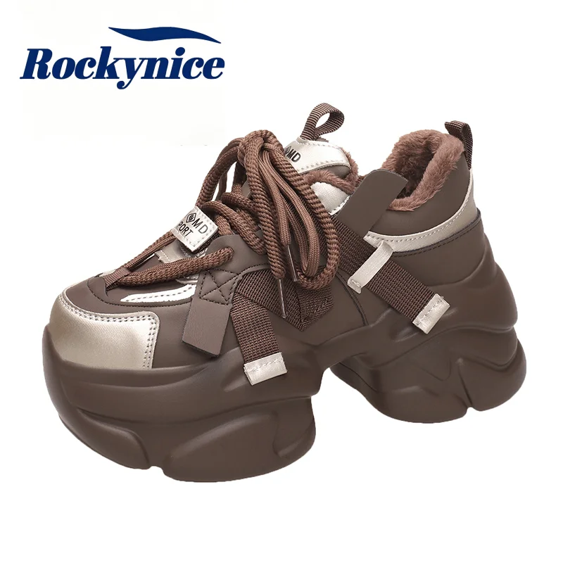 8CM Winter Women's Warm Chunky Fur Sneakers High Platform Sports Shoes Woman Thick Sole Leather Casual Shoes Zapatillas Mujer