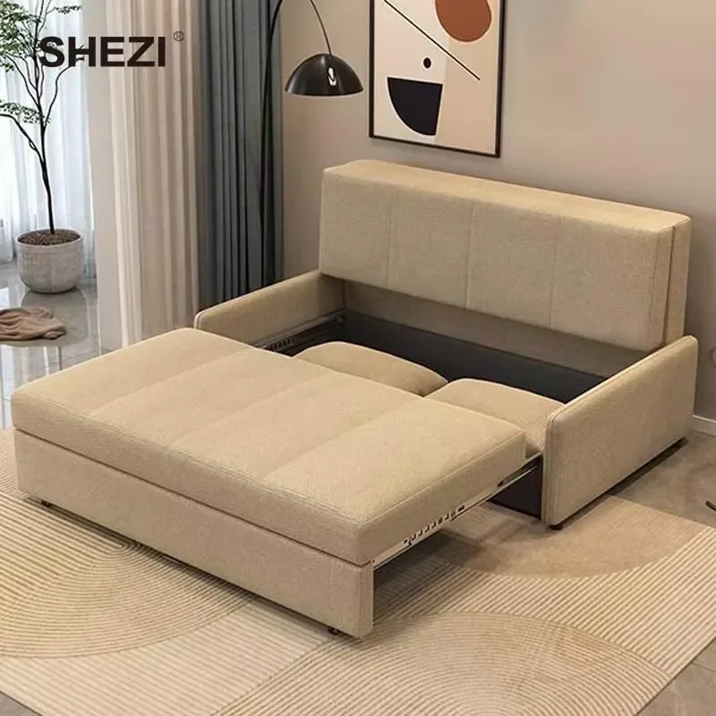 SHEZI Two-Person Grey Modern Sofa Modular Convertible Hidden Storage Foldable Design Compact Space Living Room Bedroom Hotel