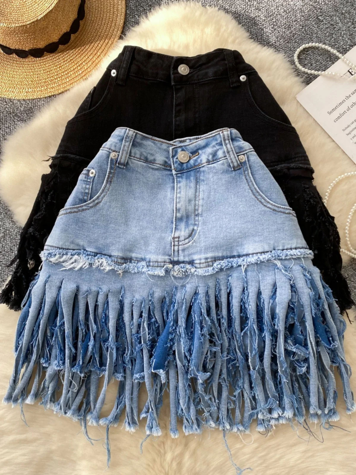 

Retro Sexy Fringed Denim High Waist Skirt Women's A-Line Skirt Korean Sle Commute Autumn 2024 f-length Skirts