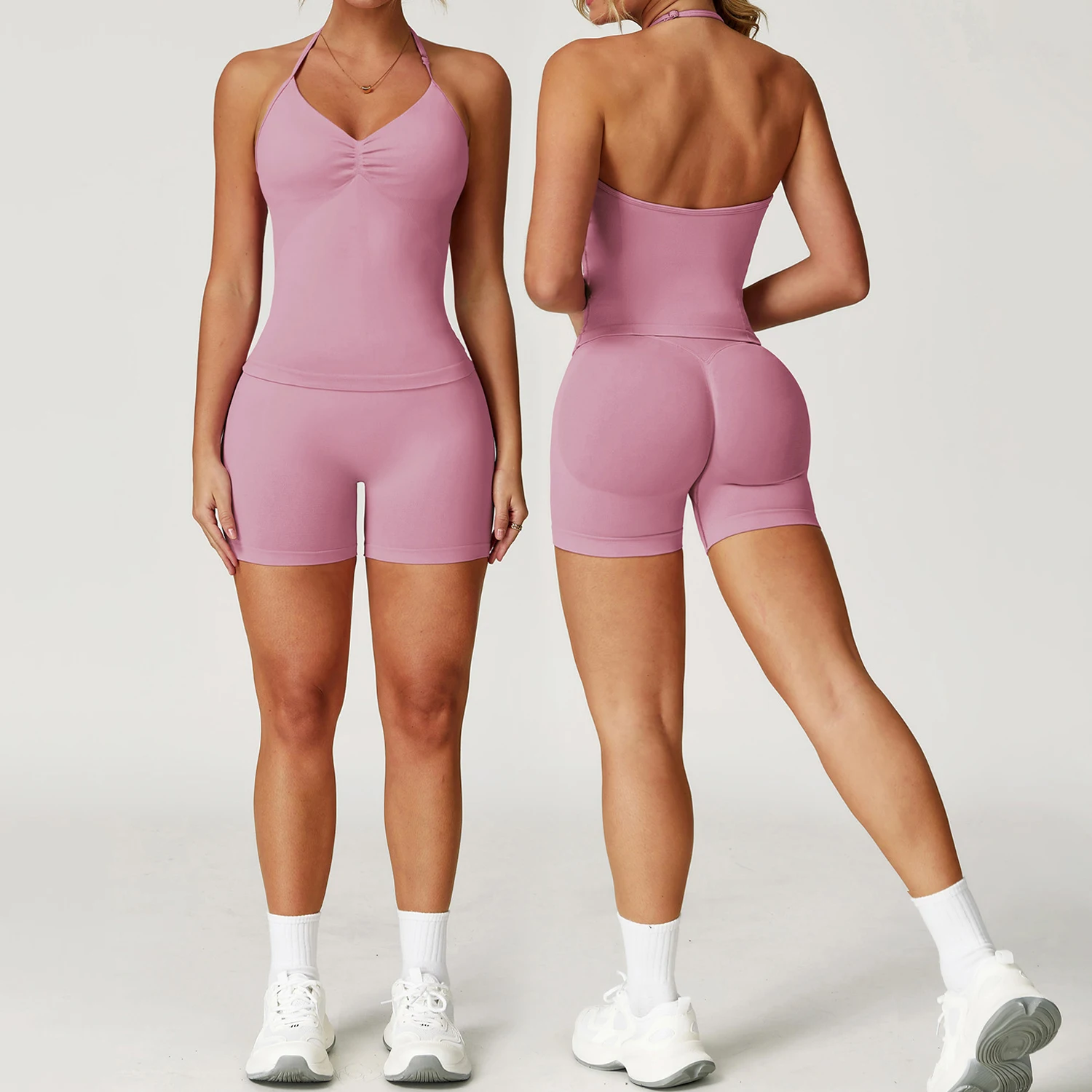 

Бесшовная сексуальная майка с v-образным вырезом, костюм для йоги, облегающая усадочная плиссированная одежда для фитнеса, спортивный костюм для бега, женский