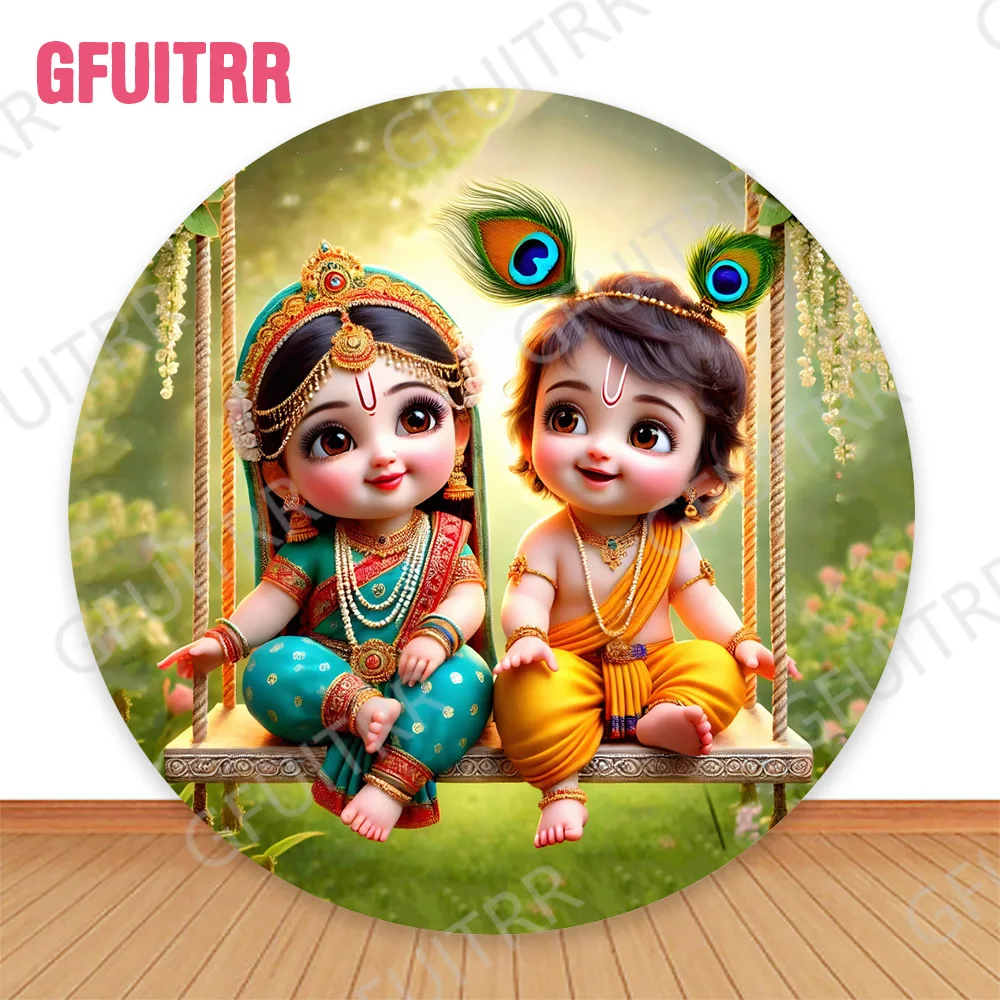 Krishna Theme Round Photo Backdrop Cute Cartoon Yasodha and Krishna Party Decoration Indian Religion Pattern Background Covers