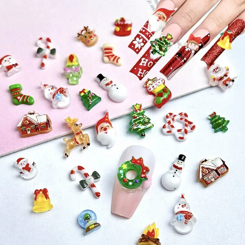 10pcs Kawaii Cartoon Christmas Nail Charm Resin Flatback Santa Claus Snowman New Year Nails Accessories DIY Nail Art Deco Parts