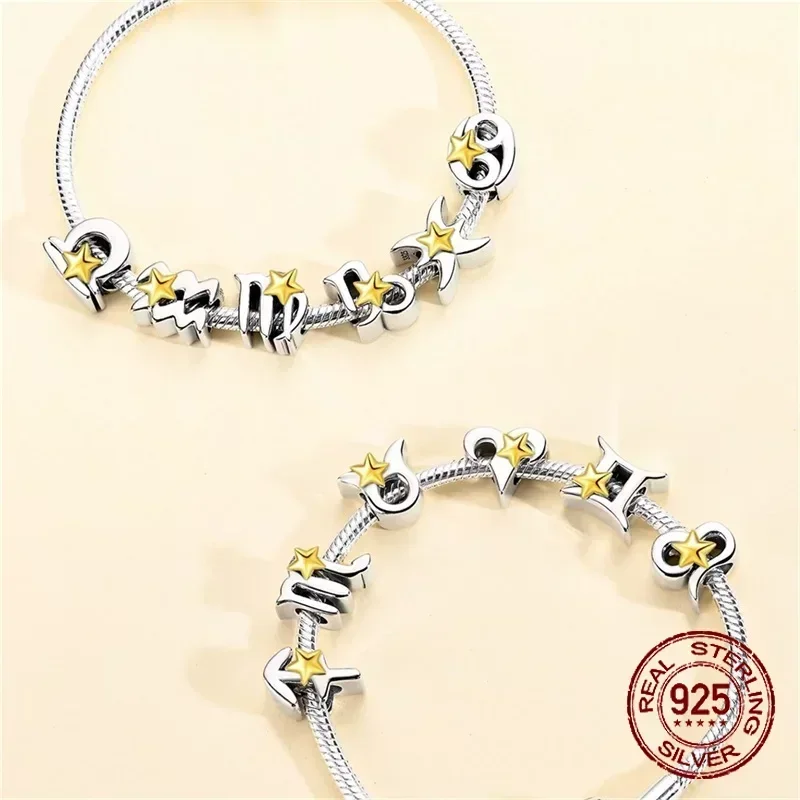 (ص) فضة إسترليني سحر أحرف البروج ، 12 كوكبة ، نجمة ذهبية ، حبات تناسب الأساور الأصلية ، مجوهرات ديي ، هدايا عيد الميلاد
