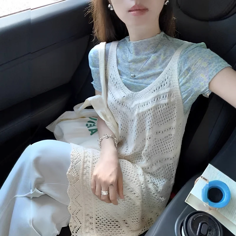 Vestido coreano de malha com decote em V oco com suspensório para mulheres blusa em camadas de comprimento médio