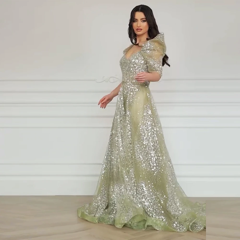 Alinovia Elegant Arabic A-Line Beaded Evening Dress for Women 2025 Puff Sleeves Long Formal Prom Weding Party Gown Customized