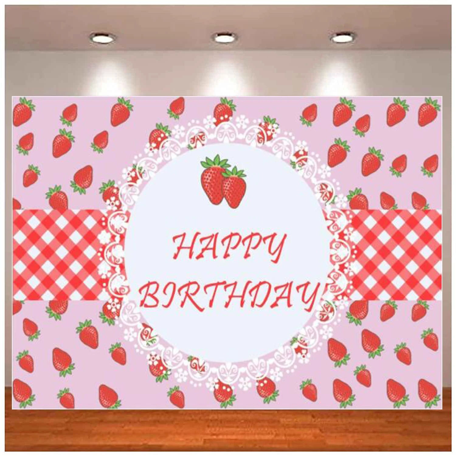 

Happy Birthday Photography Backdrop Pink Red Strawberry Stripes Grids Lace Little Princess Girls Little Lady Background