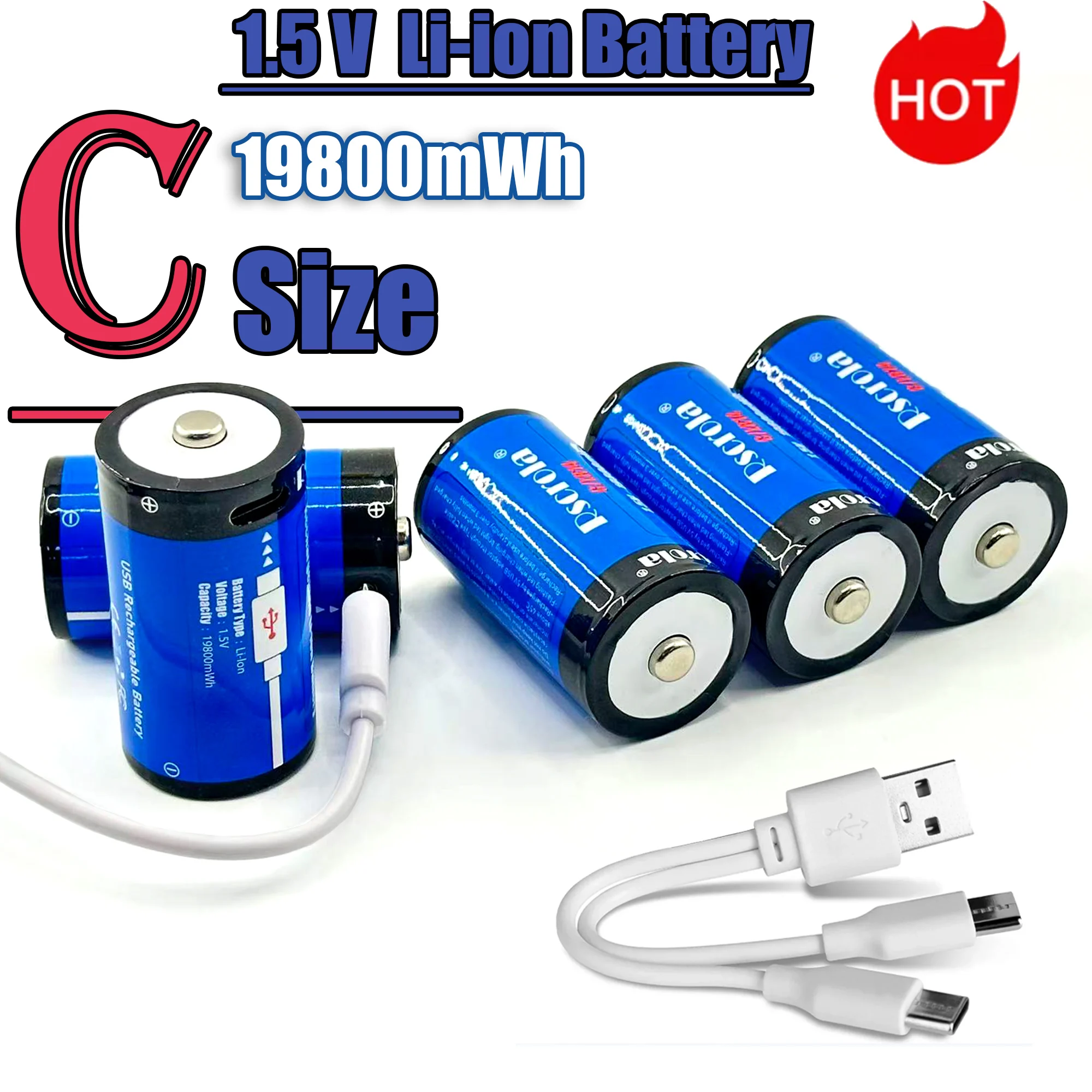 1.5V C Size Li-ion Battery 19800mWh Type C Rechargeable Lithium Batteries C Size Lipo LR14 Battery For Flashlights Gas Stove