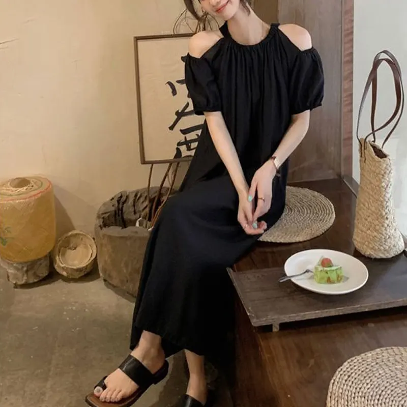 

Puff Sleeve Off Shoulder Long Dress Female Clothing O-Neck Stylish Folds Basic Summer Loose Vintage French Style A-Line Dresses