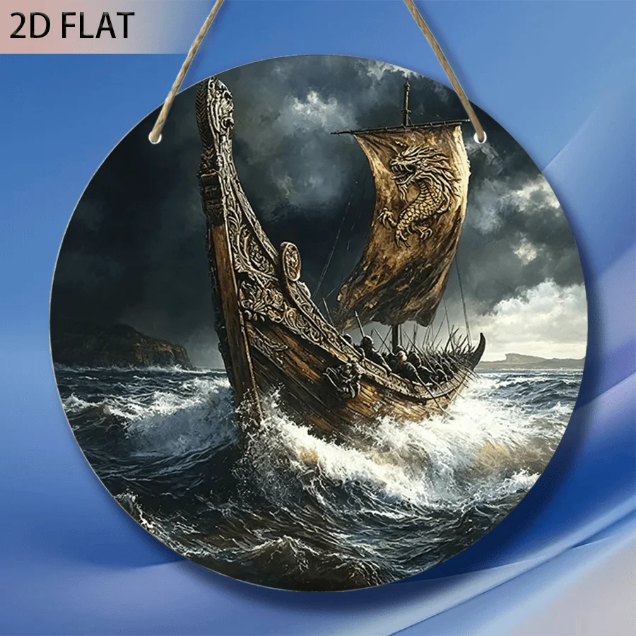 2D Flat, Wooden Nautical Wall Plaque - Retro / Warship Suitable for Home, Office, Café Decor - Round Hanging Sign for Weddings,