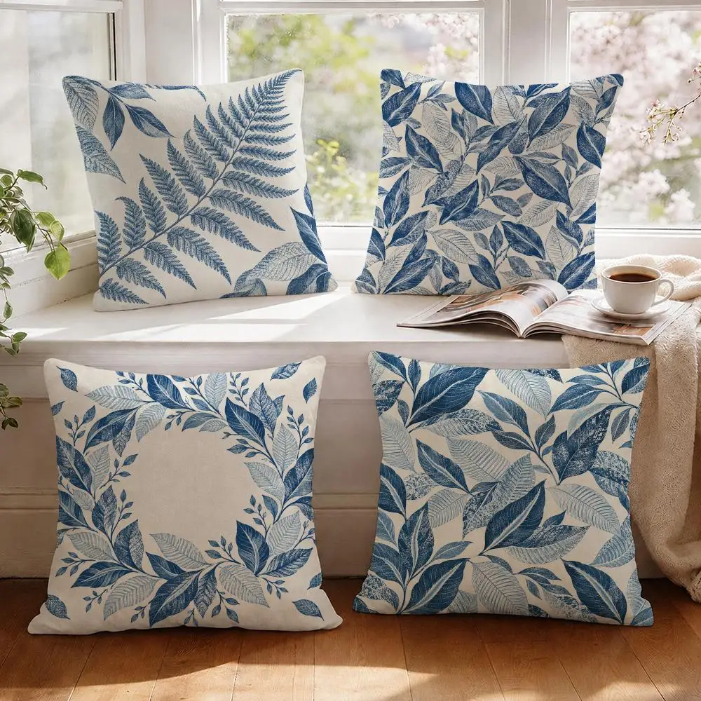 Blue Foliage Coastal Fresh Cushion Cover 1/4Pcs Linen Throw Pillow Covers Double-Side Print Sofa Couch Living Room Decor