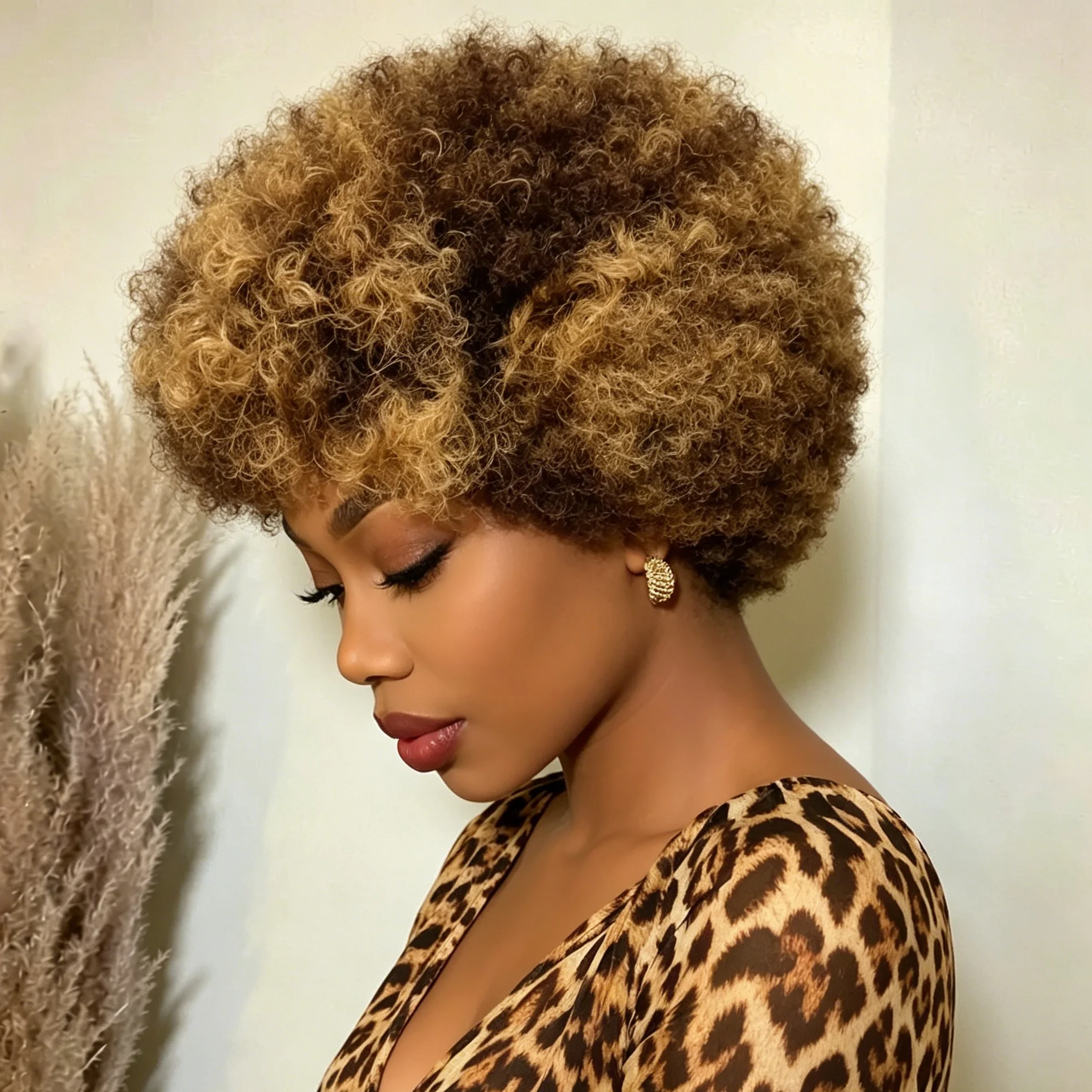 

8 Inches Afro Bouncy Curls Brazilian Human Hair Wigs With Bangs P427 Full Machine Made Kinky Curly Short