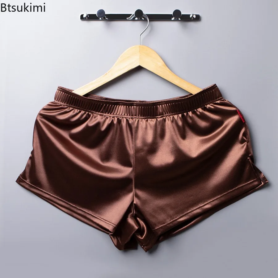 New Men\'s Underwear Shorts Ice Silk Cool-feel Satin Pajama Shorts Loose Casual Home Pants Solid Sport Shorts Male Sleep Bottoms