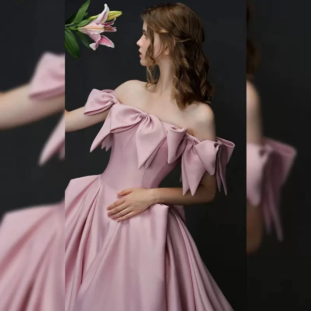 Rose Pink Bridesmaid Dress A Line Bow Princess Off Shoulder Strapless Customize Bridal Engagement Party Evening Homecoming Gown