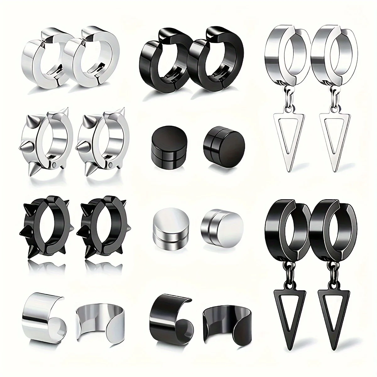 2pcs Minimalist Punk Stainless Steel Magnetic Ear Clips - C-Shape, Round & Triangle Designs, Non-Piercing Hoop Earrings for Men