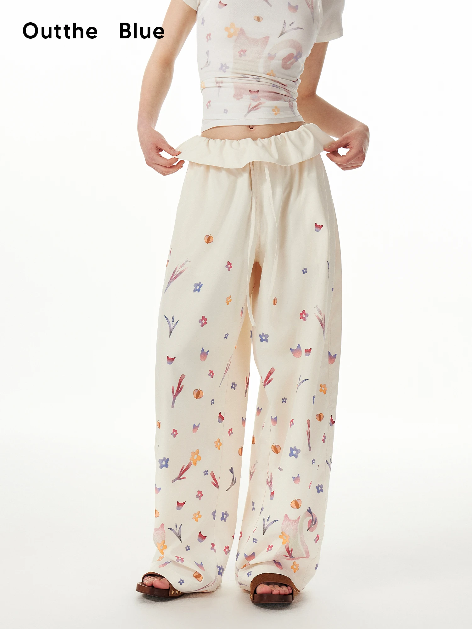 

Outthe Blue March Flowers And Cats Loose Straight Pants Drawstring Floral Print Casual Trousers for Women Sweet Style Long Pants