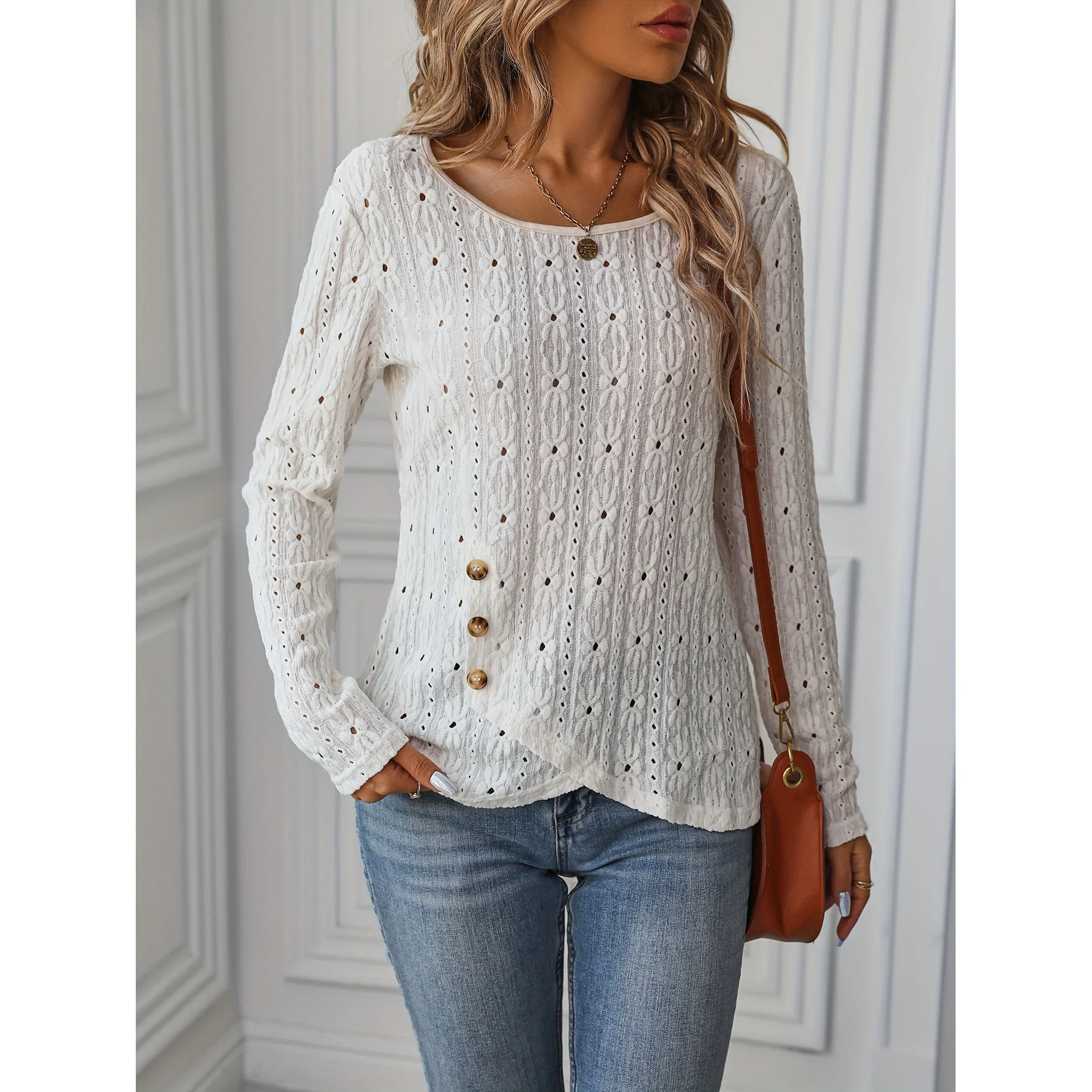 Fashion O-neck Long Sleeve White Lace Tops And Blouse Women 2024 Spring Hollow Out Knitted Blouse Top Femme Shirt For Women