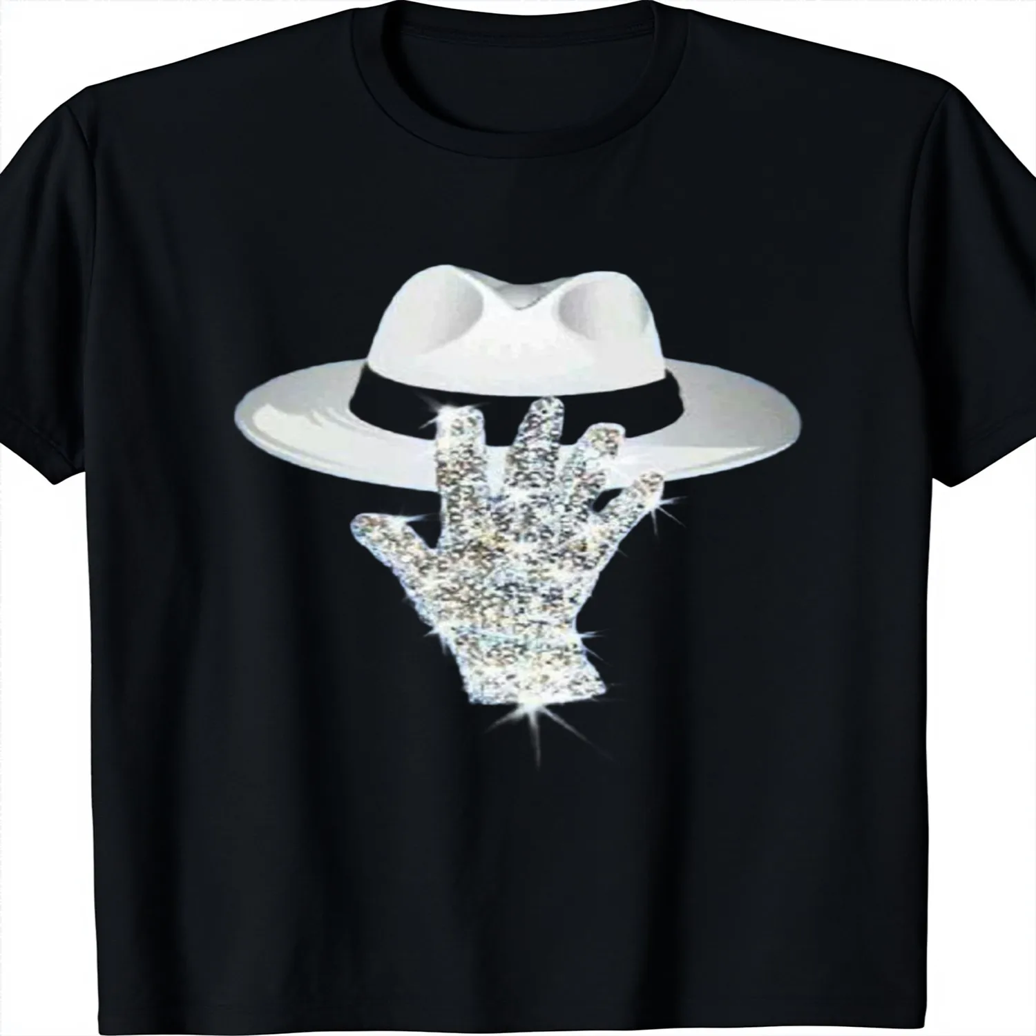 Sparkly Gloves And Beret Print T-Shirt - Black Short Sleeve Round Neck Retro Style, Casual Basic, Loose Fit _ Iconic Dance Pose Tee _ Soft And Comfortable Wear lightweight tshirt, unisex t-shirt
